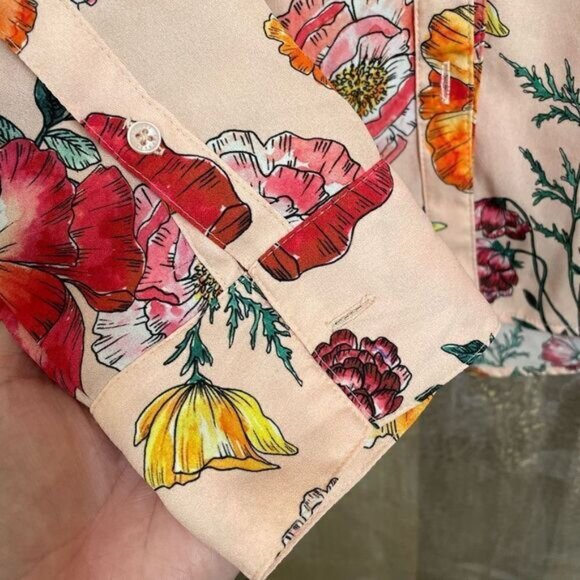 Express Peach Floral Poppy Slim Fit Button Down Portofino Blouse, Small - Picture 5 of 5